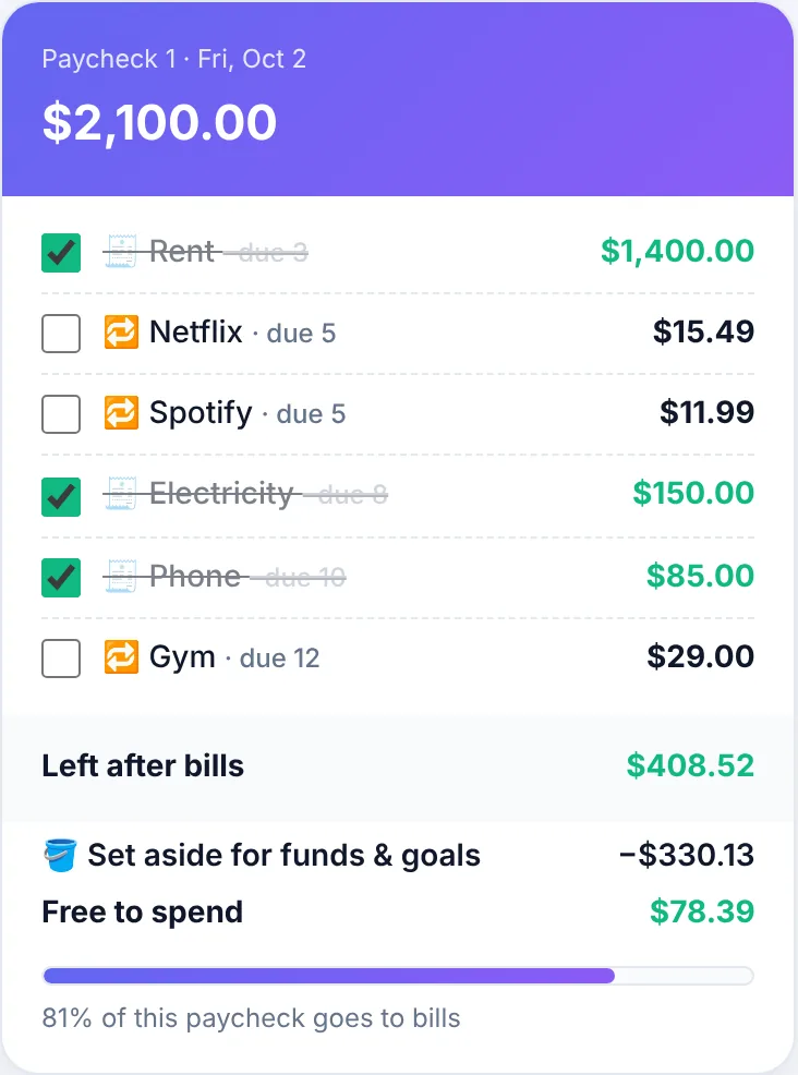 Paycheck 1 card with its bills
